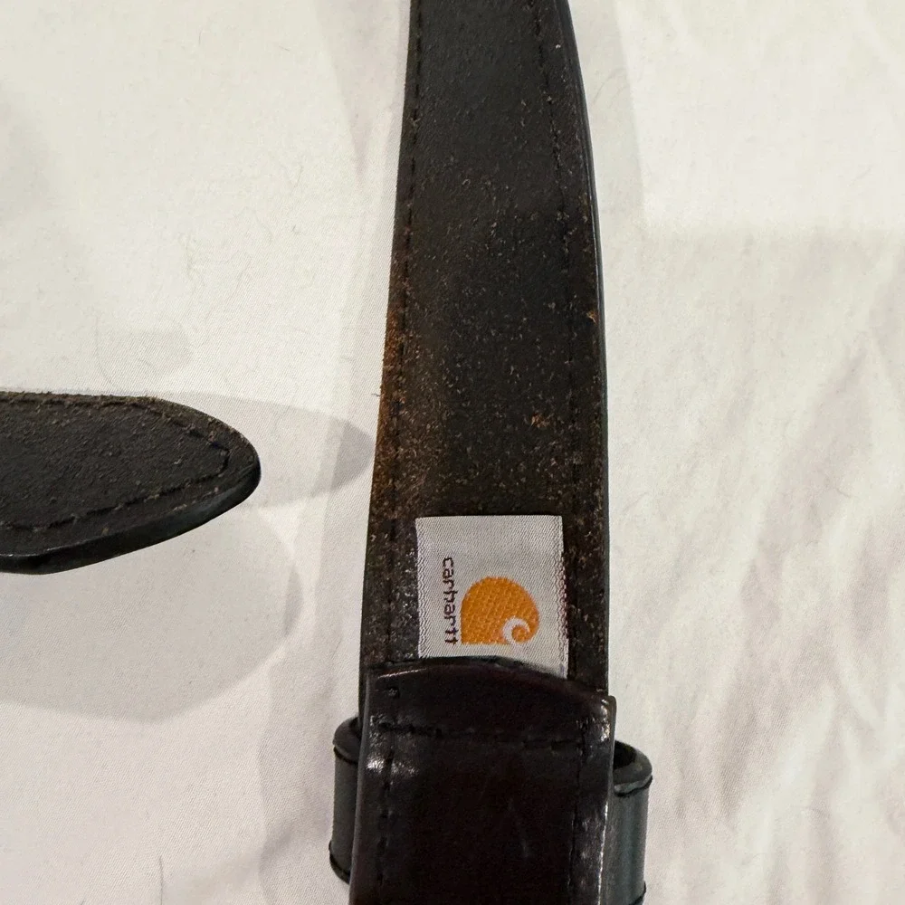 Carhartt Mens Leather Work Belt Dark Brown Metal Logo Plaque Buckle Size 36